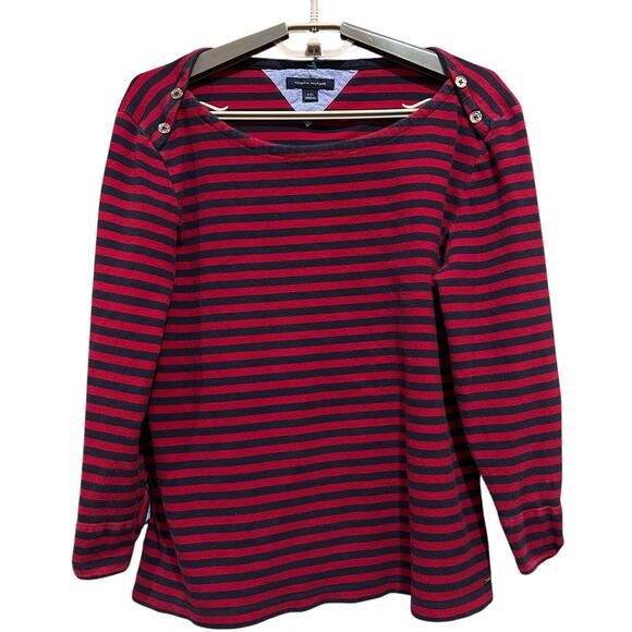 Tommy Hilfiger Top Womens Size L Large Blue Red Striped Button Shoulder Preppy - Picture 1 of 6